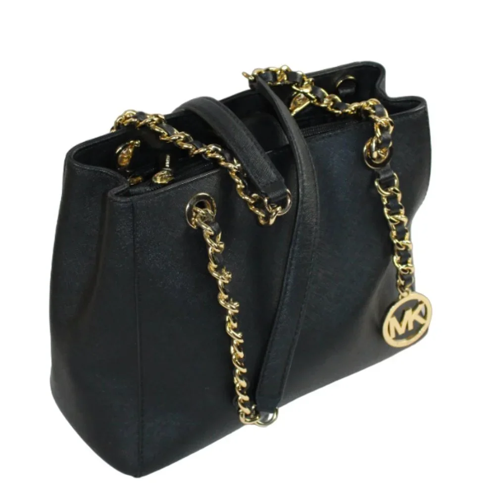Michael Kors Susannah Black Saffiano Leather Structured Satchel Tote Gold Chain